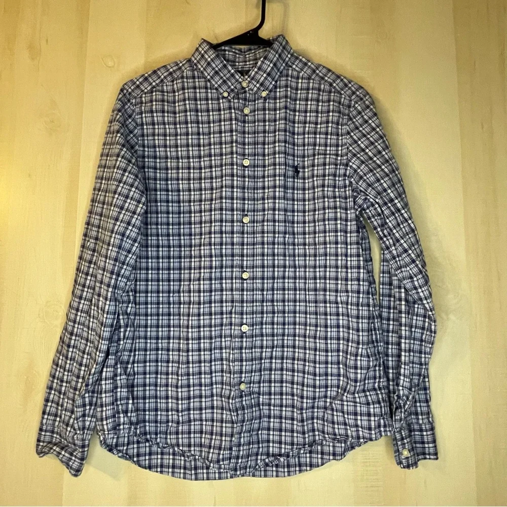 Ralph Lauren blue white plaid long sleeve button front shirt size XL Youth 18/20